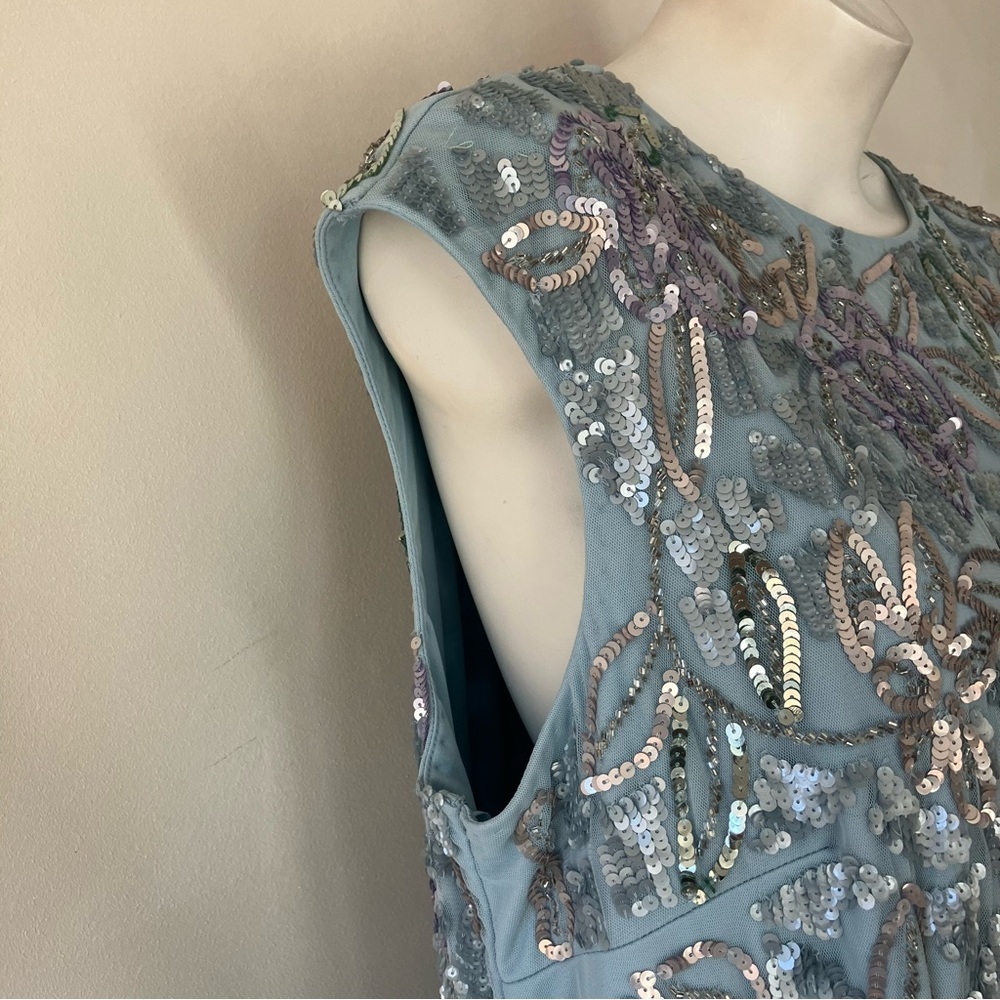 Mac Duggal | Sequined High Neck Baby Blue Cap Sleeve A Line Gown Plus Size - Picture 5 of 15